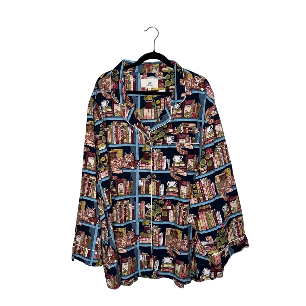 Printfresh Pajama Top Women 6X Navy Blue NWT Library Cat Bookish Cotton PJ Top